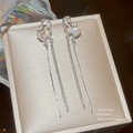 Macro shot of silver heart tassel earrings with sparkling zircon stones on jewelry box - Silver Hollow Heart Tassel
