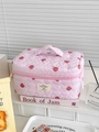 Gevoerde cosmetische tas met roze strepen, aardbeienprint en zachte handgreep bovenop - Make-uptas