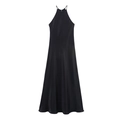 Minimalist black satin halter midi dress with silky gloss finish on white background - XS / Black