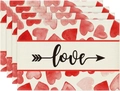 Detailed view of linen placemats set featuring watercolor red hearts and love text - Linen / Watercolor Heart Style (2)