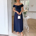 Elegant navy blue off-shoulder maxi dress with puff sleeves and cinched waist design - S / Navy Blue