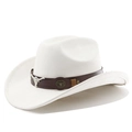 Detail of white felt cowboy hat with brown leather belt and silver bull head metal emblem - M (56-58cm) / Cream