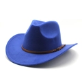 Close-up of bright blue felt cowboy hat with brown faux leather band and bronze buckle - M(56-58cm) / Blue