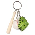 Miniature baseball keychain set with wooden bat, white ball, and green leather glove - Designer Black Rope Set / Green