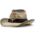 Handwoven natural grass cowboy hat with gradient edges and silver bull head ornament - Adjustable / Black Gradient Style (01)