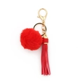 Chic red faux fur pompom keychain with matching leather tassel and golden hardware - Red