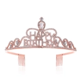 Detailed view of a rose gold Happy Birthday tiara with sparkling crystal rhinestones - Set / Rose Gold Crown