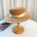 Flat top straw boater hat in light brown with champagne satin ribbon and bow detail - Khaki Beige Ribbon