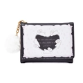 Short black faux leather rabbit wallet with white pompom charm and gold chain detail - Black