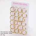 Golden 2mm stainless steel hoop earrings in a bulk set with polished 18K gold finish - 12 Pairs/Pack (Inner Diameter 16mm) / Gold