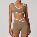 Two-piece yoga set in earthy taupe featuring high-waist cross shorts and V-neck tank top - M / Top And Bottom / Cocoa Brown (Bra + Shorts)
