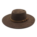 Sombrero fedora de gamuza sintética marrón oscuro con banda de cuero y hebilla dorada - M(56-59CM) / Marrón