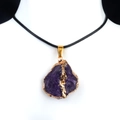 Amethyst raw stone necklace with gold-plated edge and simple black cord pendant - Dark Amethyst