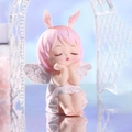Pink rabbit-eared angel girl figurine in sitting pose for room or cake decoration - 1121-11EF-B Looking Up Pink