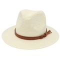 Detail of woven straw fedora hat featuring a brown leather band and gold metal ring - Cream