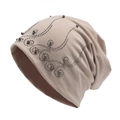 Women's beige double-layer knit beanie with rhinestone and bead swirl patterns - Adjustable (54-60cm) / Beige