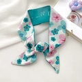 Floral green long silk scarf hair ribbon with white flower print and elegant lettering - Lucky Clover
