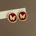 Retro red flocking floral stud earrings with golden butterfly seal and irregular frame - Vintage Butterfly Seal Style (21# Silver Earring Post-Gold-Red)