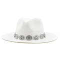 Detailed view of the bohemian silver metal sunburst band on a white woven Panama hat - White / M (56-58cm)