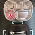 304 stainless steel bento box set with black base and red storage lid with utensils - Blue 5-Compartment 1.5L with Soup Bowl (No Cutlery)
