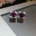 Macro shot of purple square crystal earrings with halo diamonds and gold settings - 83# Silver Earring Post - Gold - Purple - Real Gold Plated