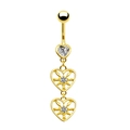 Gold heart navel ring with crystal wings and dangle pendants on white background - Gold Double Hollow Heart