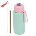 Insulated 1L stainless steel water bottle in mint green with pink lid and metal straw - 1 L / Pop-up Straw Lid / Light Pink + Light Green