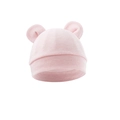 Close-up of soft pink baby knit hat with cute bear ears on white background - One Size / Light Pink