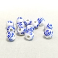 Set of 10mm white ceramic beads with blue floral patterns on beige textile fabric - Cyan Small Plum Blossom