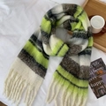 Maillard style plaid scarf with green and grey tassels for warm autumn winter comfort - New Striped Bright Green