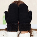 Thick black knitted gloves for women with faux fur trim cuffs for winter warmth - Black
