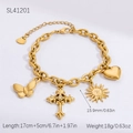 18K gold plated stainless steel bracelet with butterfly, cross and sun charms - Butterfly Sun Heart Cross
