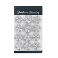 12-Piece Silver Tone White Rhinestone Floral Brooch (Silver, White Diamond + White Acrylic / BW Card)