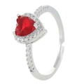 Silver adjustable heart ring with red gemstone center and clear zircon accents - Silver Rose Red Heart Ring (N-934)