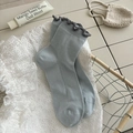 Light blue ribbed socks with dark grey lettuce edge cuffs on embroidery cloth - One Size / Light Blue