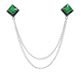 Silver collar chain pin featuring deep green square gemstones and double layered chains - Green (Silver Base)