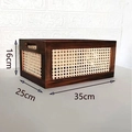 Vintage solid wood storage basket with rattan mesh sides and built-in handles, 35x25x16cm - Burnt Color Bottom Box