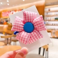 Élastique à cheveux fleur à carreaux roses avec bouton bleu pour petites filles - Rose Quadrillé