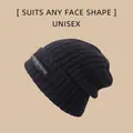 Classic black ribbed knit beanie with label, warm winter hat for all face shapes - One Size / Long Label Style / Black