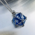Blue translucent d20 dice pendant necklace with a silver metal cage and fine chain - Silver Cage with Royal Blue Dice
