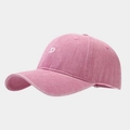 Detail of pink washed cotton baseball cap with white D letter embroidery and vent holes - Adjustable / Pink