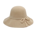 Beige knitted straw bucket hat for women with ribbon bow detail for sun protection - Beige