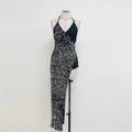 Schwarzes Pailletten-Neckholder-Kleid mit asymmetrischem Saum für Abendpartys - M / Schwarz