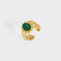 Adjustable golden stainless steel ring featuring a large oval green gemstone centerpiece - Green Gemstone Style (YYR023122-G)