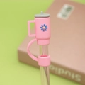 Pink silicone straw cover with blue and yellow flower for 10mm tumblers and pens - Pink Cup / 10mm