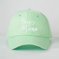 Detailed close-up of white Boy Mama embroidery on mint green washed cotton baseball cap - One Size / Light Green