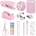 Set de papeterie rose 13 pièces incluant agrafeuse, ciseaux et organiseurs de bureau - Ensemble de 13 pièces / Boîte Avion / Rose