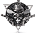 Gotischer Silberanhänger mit Totenkopf, Cowboyhut und gekreuzten Pistolen im Seilrahmen - Totenkopf Cowboy Doppelpistolen Anhänger (Ohne Kette) (E0104)