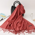 Elegant coral red cashmere scarf with fringe details and woven brand label - 200*70cm / Rust Red