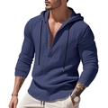 Detail of dark blue linen hoodie for men with button neckline and long sleeves - Navy Blue